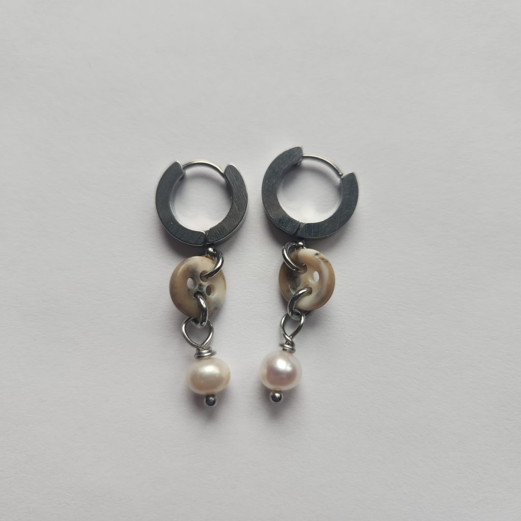 Handmade Freshwater Pearl and Button Earrings. Stainless Steel Hoops.